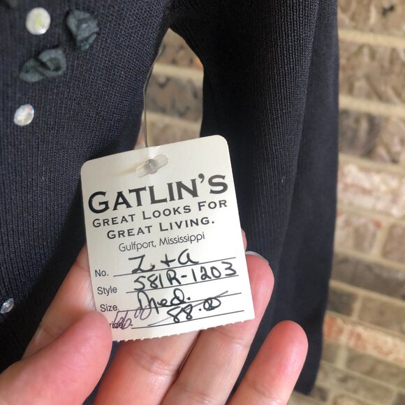 Attitude Knit Black Medium Top – Beaded Floral Sequin Detail, 3/4 Sleeve - Picture 9 of 10